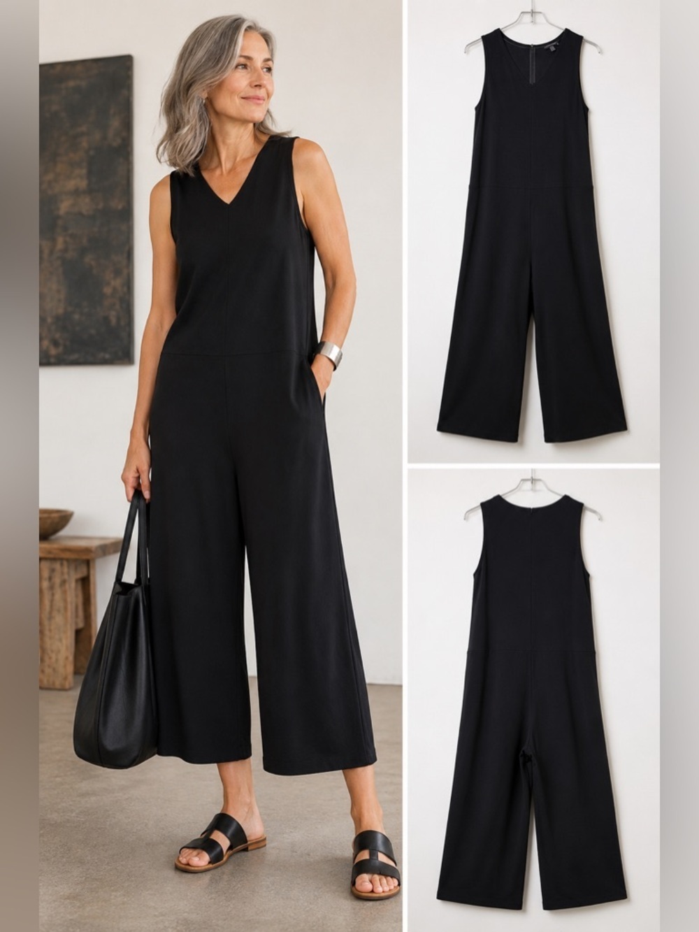 Eileen Fisher Classic Black Knit Women’s Wide Leg Lagenlook Jumpsuit Sz XS